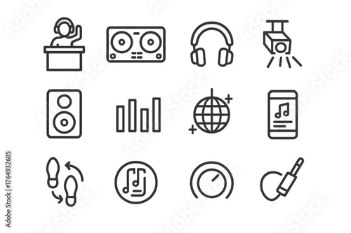 DJ Icons Set. DJ and Dancefloor. Line icon set of DJ and Dancefloor: DJ booth, turntables, headphones, mixer sliders, speaker, equalizer bars, disco ball,