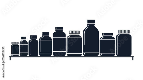 Bottles on shelf: A structured composition of dark glass bottles neatly arranged on a sleek shelf, showcasing various sizes and shapes, symbolizing order and containment.