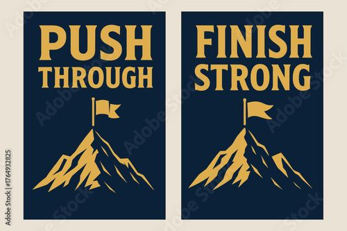 Motivational Success Banners. Perseverance. Two vertical A6 banners with safe margins, centered composition, no elements touching edges, bold, navy and gold,