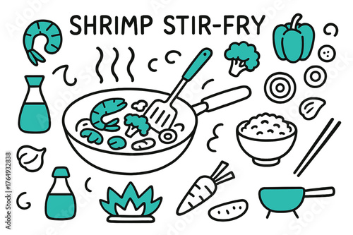 Shrimp Stir-Fry Doodle. // Shrimp stir-fry. Hand-drawn doodle illustration Shrimp stir-fry [shrimp (accented), wok pan (accented), spatula (accented), bell