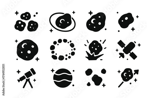 Asteroid Icon Grid. Asteroids and space rocks. Solid icons set of Asteroids and space rocks: asteroid cluster, orbit line, cratered rock, small asteroid, large