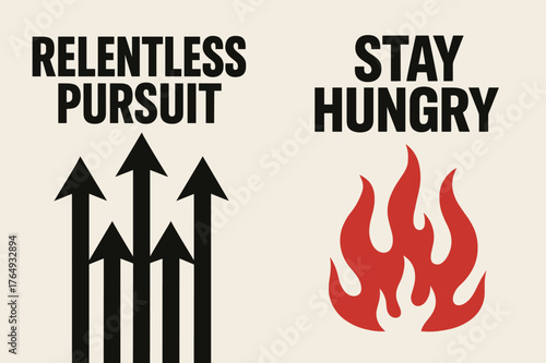 Brutalist Pursuit Banners. Relentless pursuit. Two vertical A6 banners with safe margins, centered composition, no elements touching edges, brutalist, black