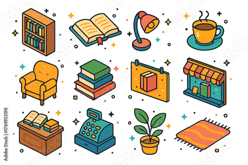 Book Lover's Paradise. Book haven. Colorful isometric vector icons set of book haven: bookshelf, open book, reading lamp, coffee cup, armchair, book stack,