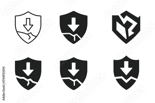 Diverse Shield Logos. Risk of loss. Set Logo of Risk of loss: broken shield with downward arrow. harmonious logo variations of the same emblematic concept,