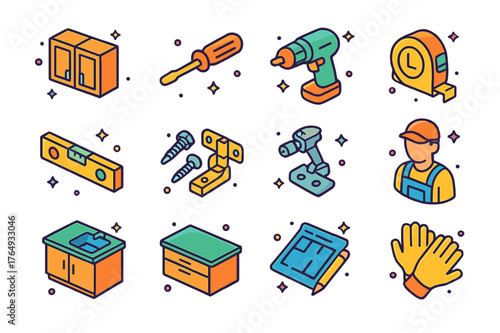 Colorful Kitchen Icons. Kitchen upgrade. Colorful isometric vector icons set of kitchen upgrade: upper cabinets, lower cabinets, screwdriver, drill, measuring