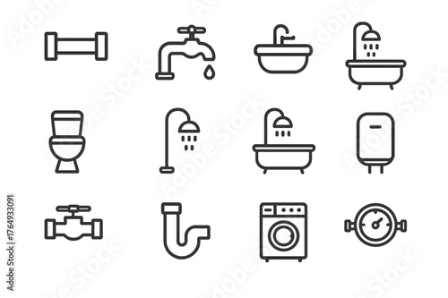 Plumbing Icon Set. Plumbing layout. Line icon set of plumbing layout: water pipe, faucet, sink, toilet, shower, bathtub, valve, pipe elbow, water heater,