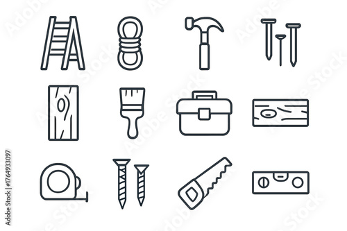 Woodwork Icon Set. Wooden ladder. Line icon set of wooden ladder: ladder, rope, hammer, nails, plank, paint brush, toolbox, wood plank, measuring tape, screws,