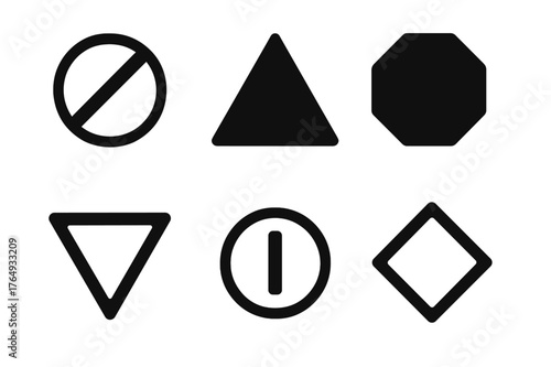 Road Sign Icons. Traffic Rule Infographic. Set Logo of Road Sign Collection: Minimal outline, Negative space, Flat solid, Symmetrical form, Stylized detail,