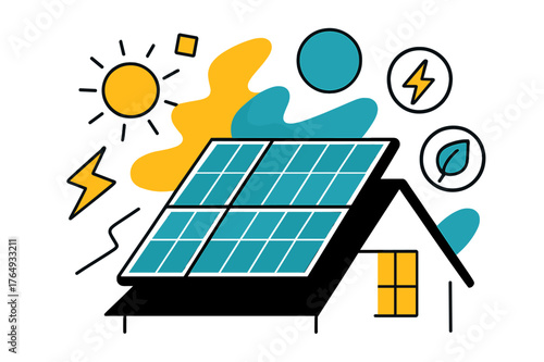 Solar Power Aesthetics. Solar Panels on Roof. Rooftop covered with solar panels under the sun with floating abstract geometric shapes and energy icons,
