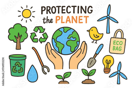 Children Protect Earth. Protecting the planet. Colorful Hand-drawn doodle Children illustration Protecting the planet tree, recycle symbol, globe, windmill,