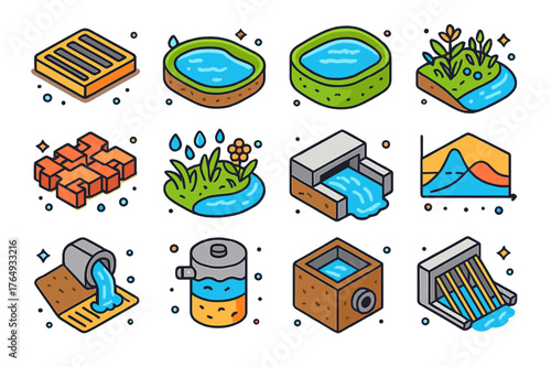 Colorful Stormwater Icons. Stormwater management. Colorful isometric vector icons set of Stormwater management: storm drain grate, detention pond, retention