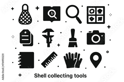 Shell Collecting Icons. Shell Collecting Tools. Solid icons set of Shell Collecting Tools: mesh bag, field guide, magnifying glass, specimen box, labeling