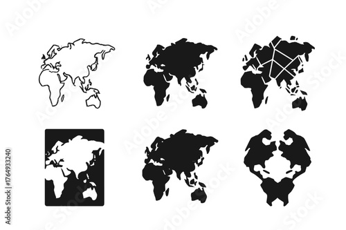 Eurasia Logo Grid. Eurasia. Set Logo of Continent Outline: Minimal outline, Filled silhouette, Abstract geometric, Negative space, Flat solid, Symmetrical