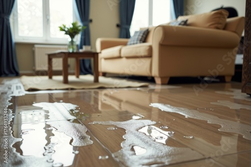 Close-up of flooded living room floor revealing destruction of furniture and flooring.