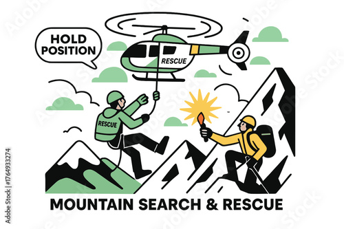 Rescue on Snowy Ridge. Mountain Search & Rescue. A helicopter hovers beside a snowy ridge as a rescuer lowers on a line; a flare of orange marks the stranded