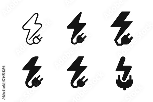 Electrician Logo Variations. Electricians working with wiring and systems. Set Logo of power service: lightning bolt with plug. Icon set. harmonious logo