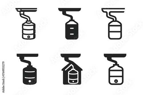 Off-Grid Living Logos. Off-grid living solutions. Set Logo of Off-grid living solutions: a rainwater harvesting system with gutter, downspout, and storage