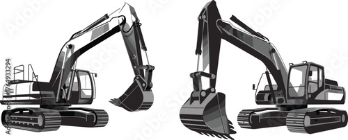 Excavator construction equipment, heavy machinery, industrial digger, grayscale illustration, mechanical arm, bucket, tracked vehicle, civil engineering, site work, infrastructure