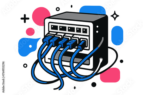 Technological Harmony. Server Rack. Close-up of network cables connected to server rack with floating abstract geometric shapes and soft glowing accents,