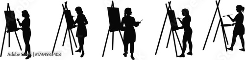 Silhouette artists painting, creative expression, art students drawing, easel scene, artistic activity, fine art class, studio creativity, brushwork moment