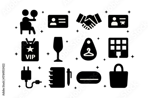 Collector Experience Icons. Collector experience. Solid icons set of Collector experience: bidder seat, business card, handshake deal, membership card, VIP