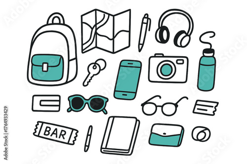 Minimal Travel Essentials. // Minimal travel setup. Hand-drawn doodle illustration Minimal travel setup [small backpack (accented), camera (accented), map,