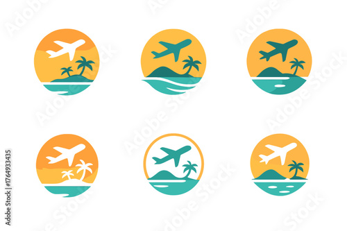 Island Hopping Logos. Island hopping and tropical vacation spots. Set Logo of Island hopping and tropical vacation spots: an airplane flying above turquoise