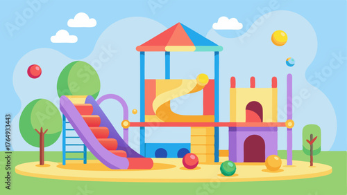 A childrens play area with a colorful climbing structure and balls pit.