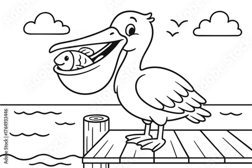 Pelican Pier Adventure. Pelican fishing children?s coloring book illustration, outlined drawing, a smiling pelican standing on a pier with a fish in its beak