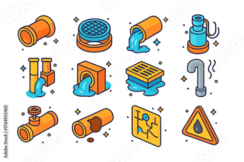 Sewage System Icons. Sewage. Colorful isometric vector icons set of Sewage: sewer pipe, manhole cover, wastewater flow, lift station pump, combined sewer,
