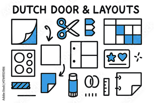 Dutch Door Layouts. // Dutch door & layouts. Hand-drawn doodle illustration Dutch door & layouts [cut-out flap (accented), scissors (accented), tab labels