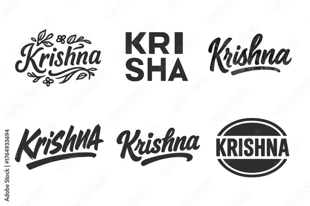 Fototapeta premium Krishna Lettering Variations. Krishna Sigil. Set lettering. harmonious lettering variations of the same emblematic concept, each with different artistic