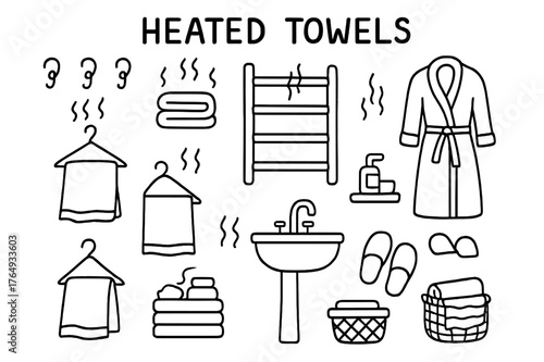 Heated Towels Doodle. Heated Towels. Hand-drawn doodle illustration Heated Towels towel, towel warmer, bathroom, hooks, steam, radiator, hanger, folded towels,