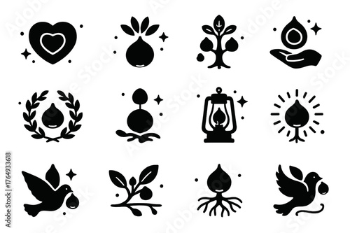 Chestnut Icon Set. Chestnut Symbolism. Solid icons set of Chestnut Symbolism: heart nut, leaf crown, family tree, sprouting nut, circle wreath, lantern light,