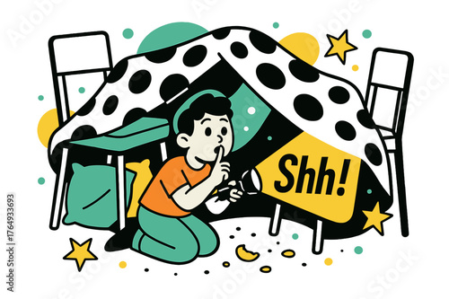 Imaginative Pillow Fort. Table-Fort Hideout. Pillows and chairs build a geometric cave; a flashlight beam slices the dark with ?Shh!? lettered in the glow.