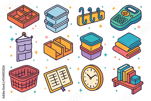 Colorful Organization Icons. Home organization tools. Colorful isometric vector icons set of Home organization tools: drawer dividers, clear storage bins, wall