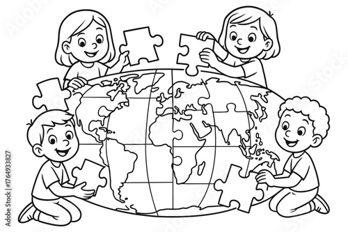 Children's World Puzzle. World map puzzle children?s coloring book illustration, outlined drawing, continents shaped as puzzle pieces being placed together by
