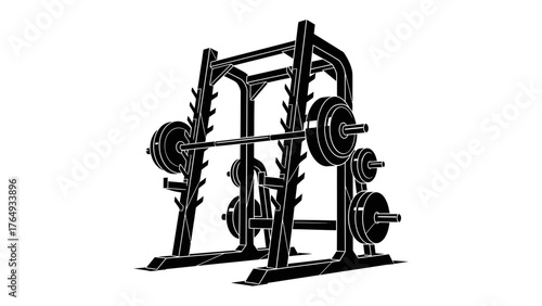 Gym Equipment Silhouette: A minimalist, high-contrast image showcases a sleek, black weight rack and barbell, a staple for strength training and fitness enthusiasts.