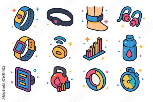 Colorful Fitness Icons. Fitness wearables. Colorful isometric vector icons set of Fitness wearables: fitness tracker, chest strap sensor, ankle tracker,