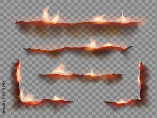 Burnt and smoldering paper edges effect. Template isolated on a transparent background. Vector collection.