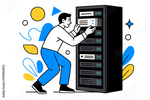 Technician's Futuristic Install. Server Rack. Technician installing equipment into server rack with floating abstract geometric shapes and glowing indicators,