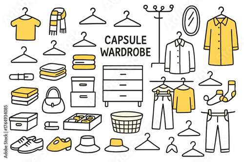 Colorful Capsule Wardrobe. Capsule wardrobe. Hand-drawn doodle illustration hangers (colored), folded clothes (colored), storage boxes (colored), shoes