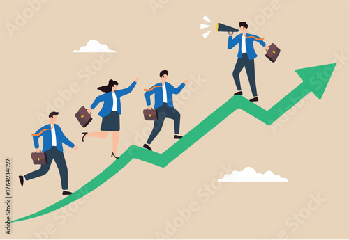 Flat illustration of businessman with megaphone motivate employee to walk up arrow symbolizing career inspiration