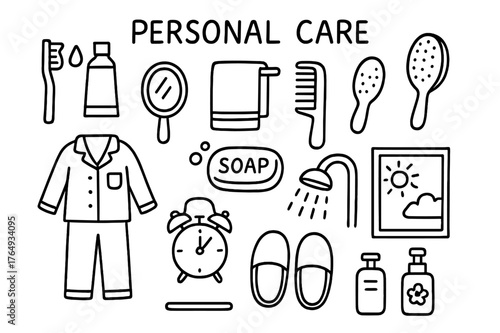 Personal Care Doodles. Personal Care. Hand-drawn doodle illustration Personal Care toothbrush, toothpaste, mirror, towel, comb, hairbrush, soap, shower, alarm