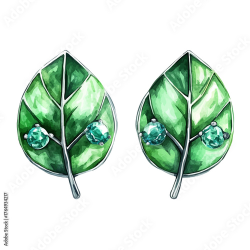 Leaf Earrings, watercolor illustration vector, isolated on a white background.