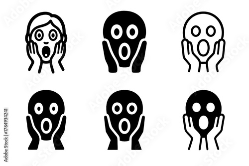 Expressive Logo Variations. Frightened expression. Set Logo of Frightened expression: hands-on-cheeks gasp. harmonious logo variations of the same emblematic