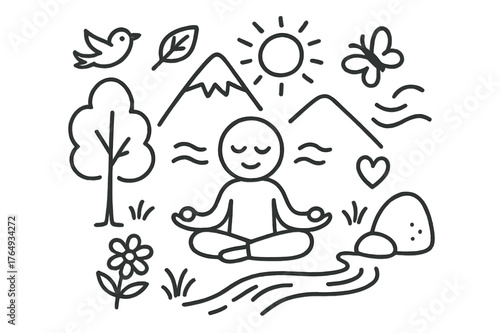 Tranquil Outdoor Meditation. Meditation outdoors. Hand-drawn doodle illustration meditation outdoors lotus pose figure, mountain, tree, sun, bird, calm face,