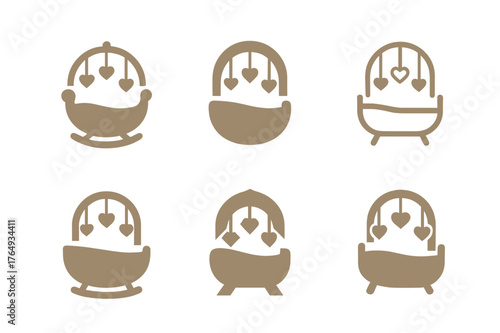 Newborn Care Logos. Newborn care. Set Logo of Newborn care: cradle with heart mobile. harmonious logo variations of the same emblematic concept, each with