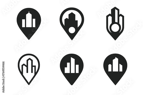 City Navigation Logos. A person navigating a city street with a map or GPS on their phone. Set Logo of city skyline with map marker: harmonious logo variations