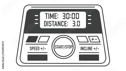 Treadmill control panel: Depicting an essential treadmill control panel, displaying a precise 30-minute workout session with 3.0 distance, it encourages users towards achieving fitness goals.